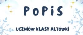 Plakat z wydarzeniem - Popisem uczniów klasy altówki, który odbędzie się w auli szkoły w dniu 15 stycznia 2024r. o godz. 18:00, tłem plakatu jest motyw zimowy tzn. w górnej części plakatu znajduje się domek stojący na górze otoczony ośnieżonymi drzewkami i choinkami, po lewej i prawej stronie znajdują się bałwanki, napisy są w kolorze granatowym