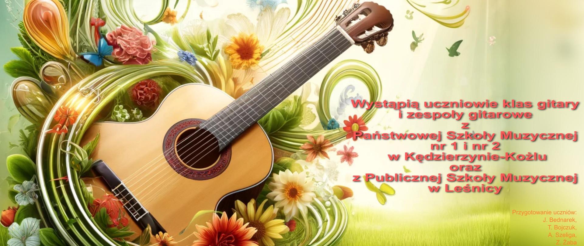 Plakat zapowiada serię wydarzeń muzycznych pod nazwą "KĘDZIERZYŃSKO-KOZIELSKIE SPOTKANIA GITARZYSTÓW" w 2025 roku.
Na plakacie wymienione są trzy daty i miejsca koncertów:
* **9 kwietnia 2025 (środa) o godzinie 17:00** w Kawiarence w Państwowej Szkole Muzycznej I stopnia nr 1 przy ulicy T. Kościuszki 40 w Kędzierzynie-Koźlu.
* **14 kwietnia 2025 (poniedziałek) o godzinie 17:30** w Sali Koncertowej Państwowej Szkoły Muzycznej I stopnia nr 2 im. M. Szymanowskiej przy ulicy M. Skłodowskiej-Curie 9 w Kędzierzynie-Koźlu.
* **14 maja 2025 (środa) o godzinie 16:30** w Sali Miejskiej Biblioteki Publicznej przy Rynku 3 w Kędzierzynie-Koźlu.
Pod informacjami o miejscach i terminach koncertów znajduje się tekst informujący, że wystąpią uczniowie klas gitary i zespoły gitarowe z Państwowej Szkoły Muzycznej nr 1 i nr 2 w Kędzierzynie-Koźlu oraz z Publicznej Szkoły Muzycznej w Leśnicy.
W dolnej części plakatu wymienieni są organizatorzy spotkań: Państwowa Szkoła Muzyczna I stopnia nr 1 w Kędzierzynie-Koźlu, Państwowa Szkoła Muzyczna I stopnia nr 2 im. M. Szymanowskiej w Kędzierzynie-Koźlu, Publiczna Szkoła Muzyczna I stopnia w Leśnicy oraz Miejska Biblioteka Publiczna w Kędzierzynie-Koźlu.
Plakat ma jasne tło z czarnym tekstem. W górnej części, nad tytułem, znajduje się napis "2025".