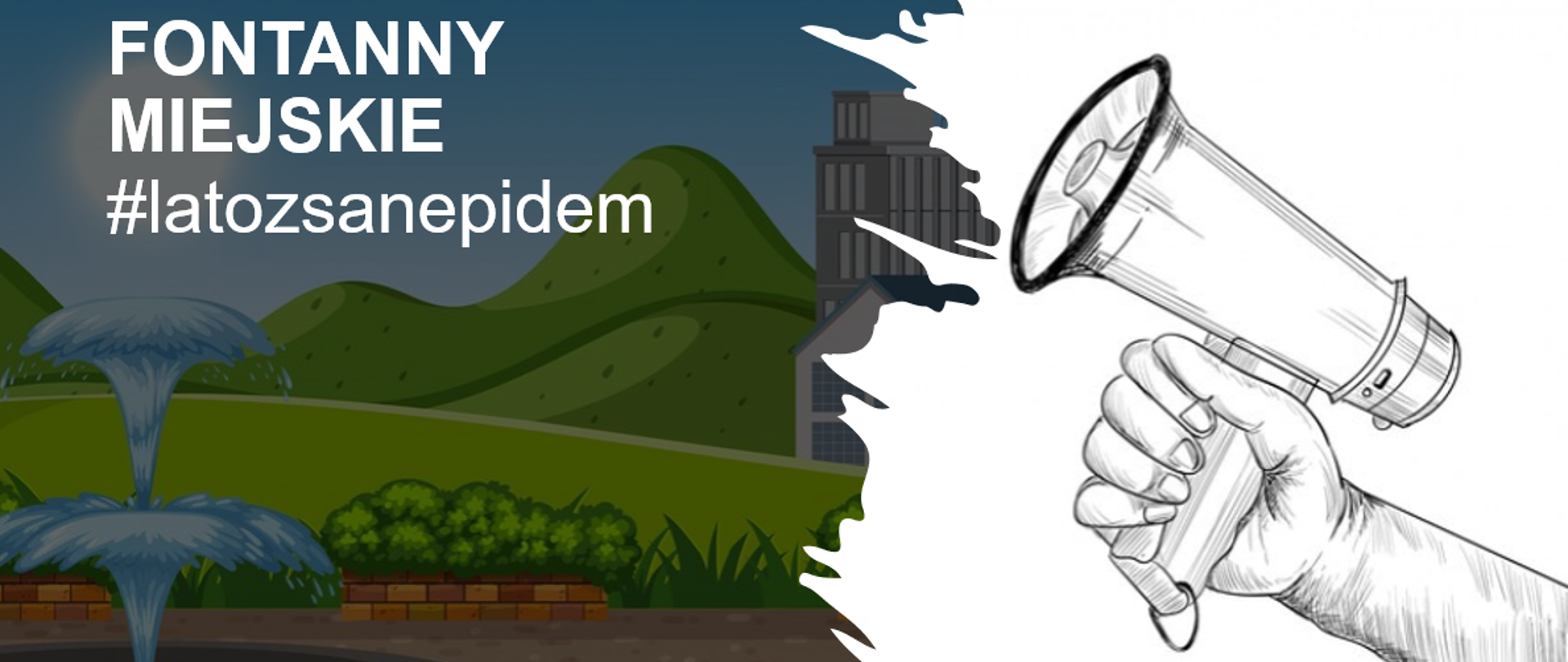 grafika przedstawia megafon, a w tle fontannę, która jest głównym tematem
