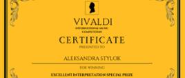 W tłumaczeniu: Dyplom Nagrody specjalnej za doskonałą interpretację dla Aleksandry Stylok w Międzynarodowym Konkursie Muzycznym VIVALDI 2023
