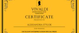 W tłumaczeniu: Dyplom Nagrody specjalnej za doskonałą interpretację dla Aleksandry Stylok w Międzynarodowym Konkursie Muzycznym VIVALDI 2023