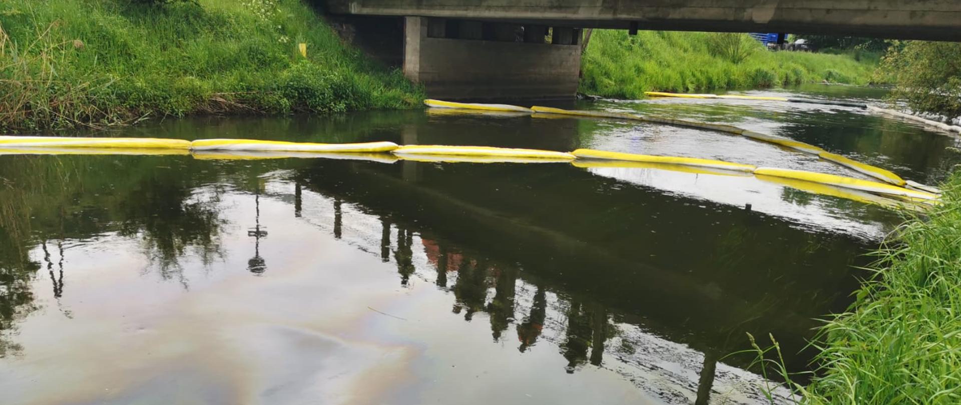 Rozlew na Raduni - widoczny film olejowy i zapory