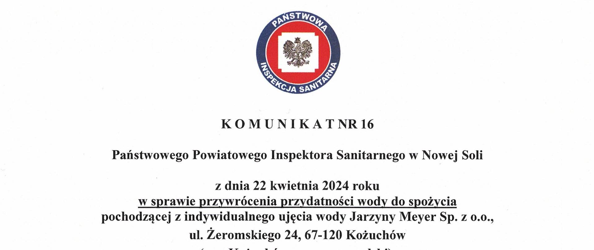 Komunikat nr 16 przywrócenie przydatności wody Jarzyny Meyer