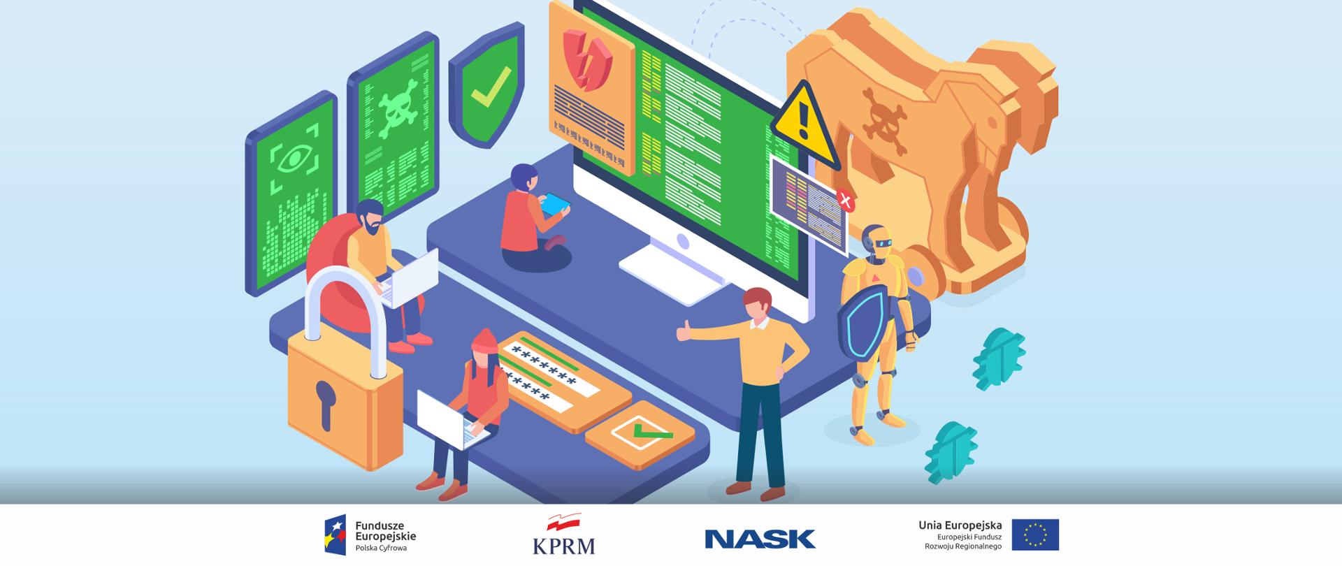 Kolorowa grafika wektorowa prezentująca różne rodzaje cyberzagrożeń i sposobów ochrony przed nimi.