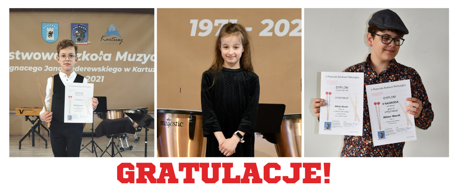 Tło obrazka w kolorze białym. W górnej części trzy zdjęcia. Na pierwszym galowo ubrany chłopiec w okularach, który trzyma dyplom i pałeczki perkusyjne. Na drugim zdjęciu dziewczynka w czarnej sukience i ciemnych włosach. Na ostatnim zdjęciu chłopak w okularach, kwiecistej koszuli i czapeczce na głóowie, który trzyma dwa dyplomy. Po dzjęciami czerwony napis "gratulacje".