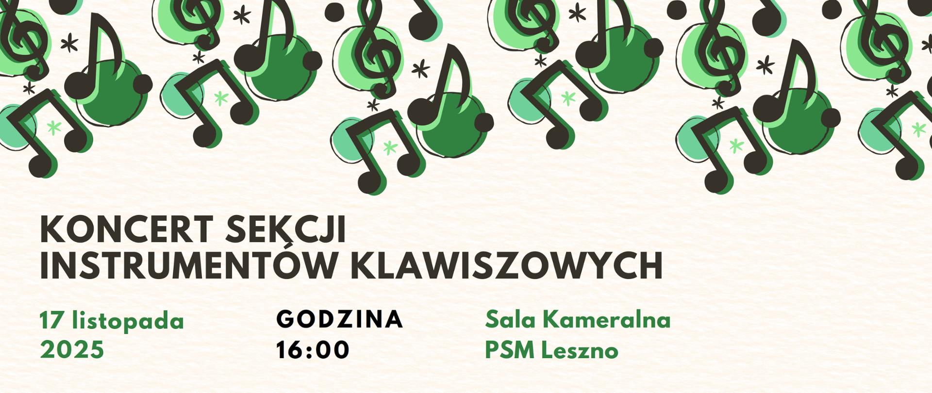 Koncert sekcji instrumentów klawiszowych z grafiką muzyczną w kolorach zielono-czarnych