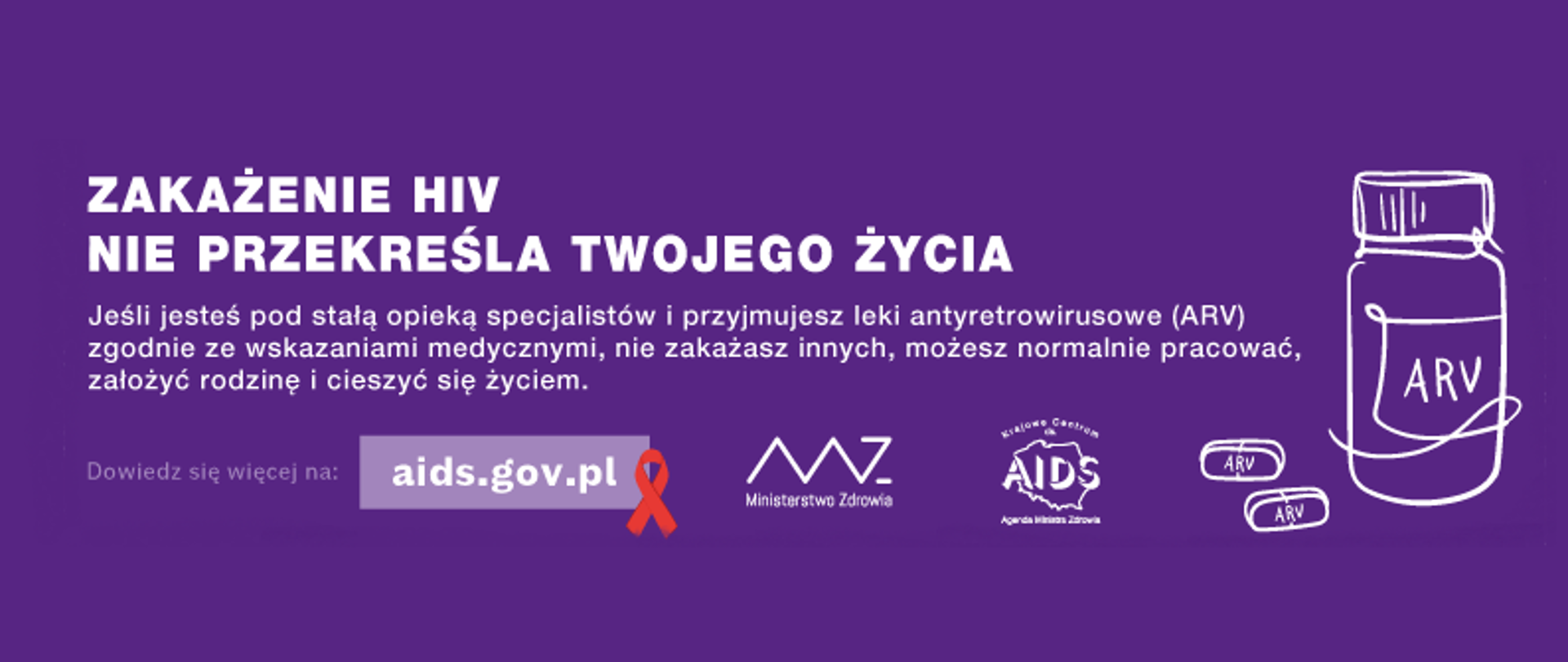 Grafika kampanii "Czy wiesz, że..." z białym napisem na filetowym tle "Zakażenie HIV nie przekreśla Twojego życia. Dowiedz się więcej na aids.gov.pl"