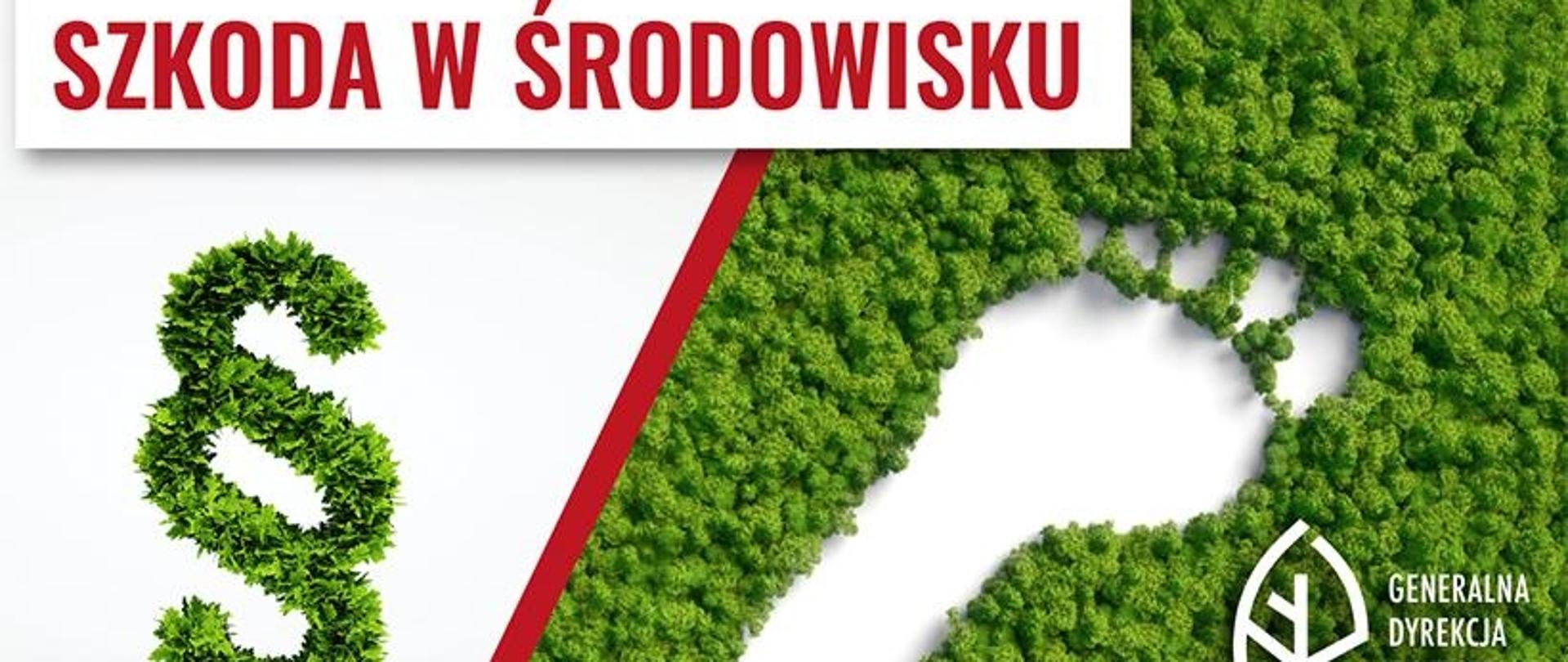 Po prawej stronie jest odcisk stopy na koronach drzew. Po lewej stronie znak paragrafu z liści.