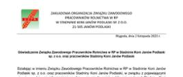 Oświadczenie Związku Zawodowego Pracowników Rolnictwa RP w Stadninie Koni Janów Lubelski

