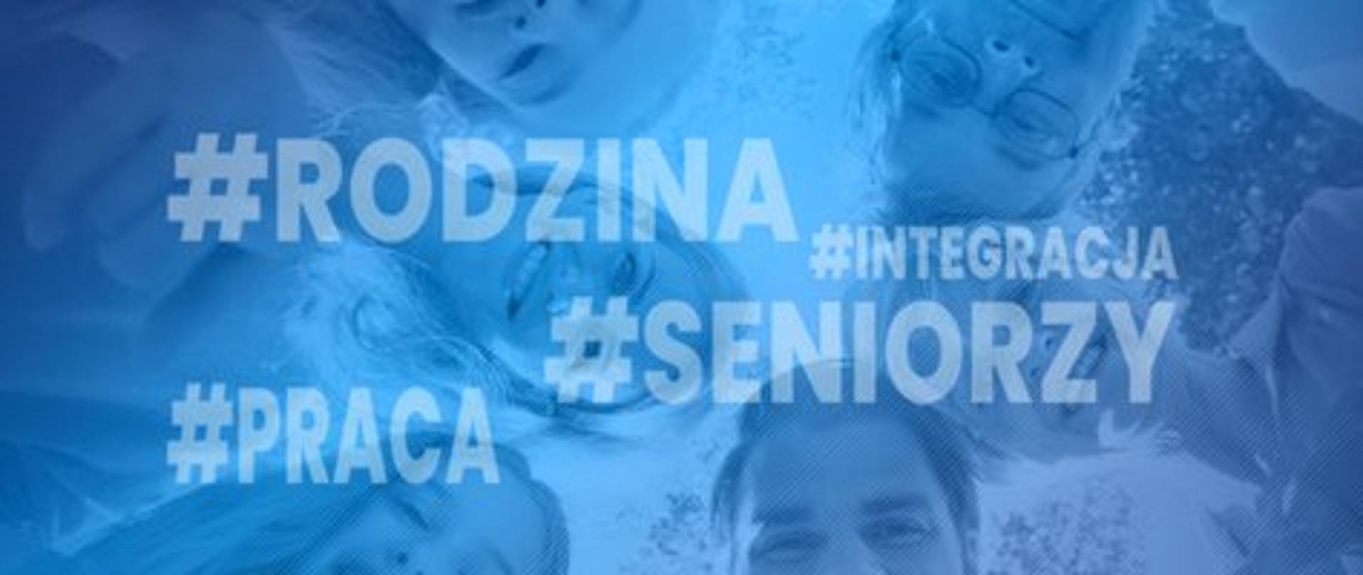 Rozmyte twarze na niebiskim tle i napisy 