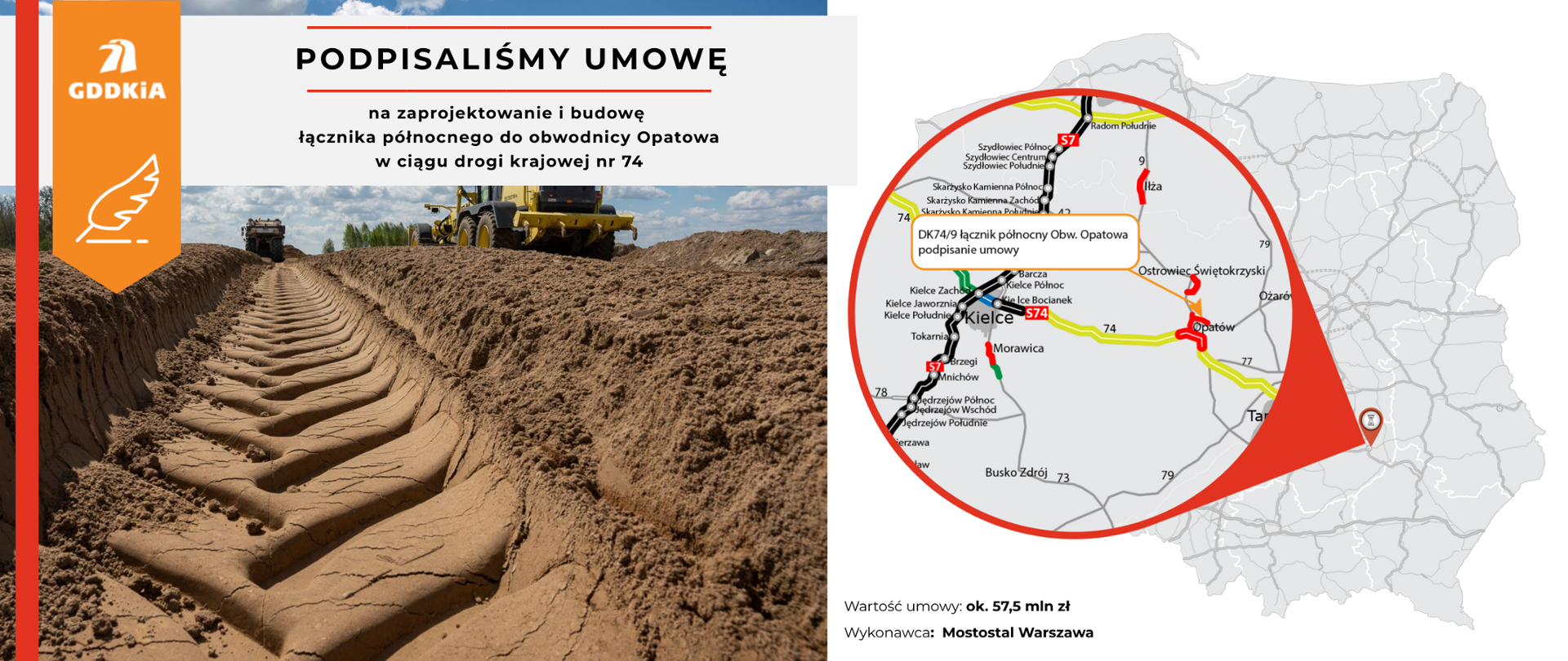 Podpisanie umowy na realizację łącznika północnego do obwodnicy Opatowa - infografika z mapą z zaznaczonym łącznikiem i zdjęciem z robót ziemnych 