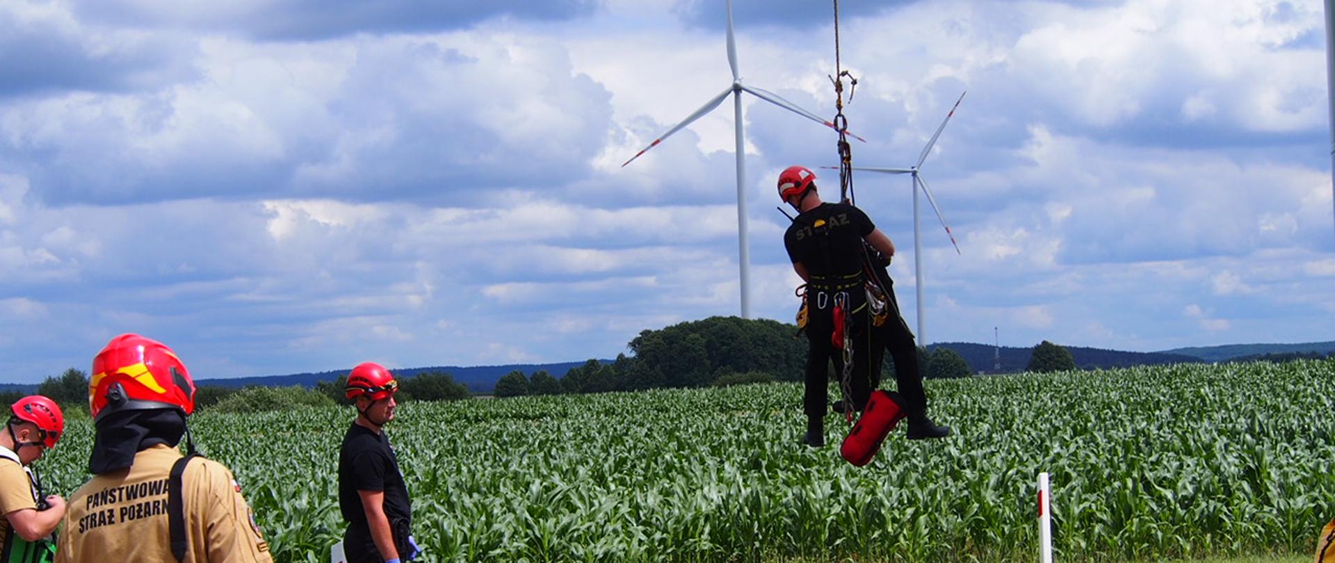 Na zdjęciu widać grupę strażaków Państwowej Straży Pożarnej biorących udział w akcji ratunkowej lub ćwiczeniach. W centralnej części obrazu jeden strażak jest opuszczany na ziemię na linie z wysokości, prawdopodobnie z turbiny wiatrowej, które są widoczne w tle. Ma na sobie specjalistyczny uprząż i kask. Na pierwszym planie, tyłem do obiektywu, stoi strażak w jasnym kombinezonie ratowniczym z napisem "PAŃSTWOWA STRAŻ POŻARNA" na plecach, trzymając w rękach lornetkę. Obok niego, stoi inny strażak, obserwujący akcję. Wszyscy strażacy mają na sobie kaski. Obok nich leży czerwona torba ratownicza. W tle rozciąga się pole kukurydzy, a za nim widoczne są pagórki i las. Sceneria wskazuje na działania prowadzone w terenie otwartym, w pobliżu farmy wiatrowej.