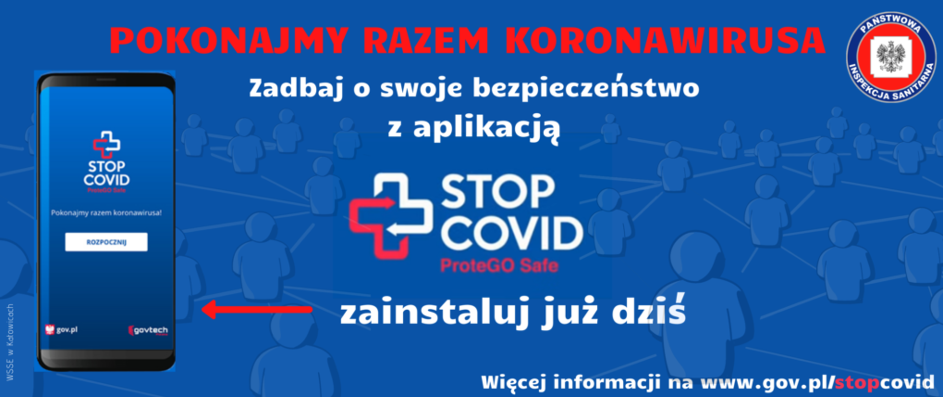 Plakat promujący aplikację Stop Covid ProteGO Safe, na plakacie widoczny telefon z informacją "pokonajmy razem koronawirusa, zadbaj o swoje bezpieczeństwo z aplikacją STOP COVID ProteGO Safe, zainstaluj już dziś"