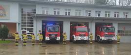 Strażacy przed budynkiem JRG, w tle pojazdy.