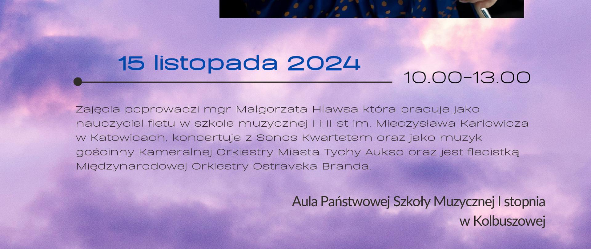 Plakat na fioletowym tle z informacją o warsztatach w kolorze niebieskim. Pośrodku znajduje się zdjęcie wykładowcy oraz krótka informacja w kolorze czarnym.
