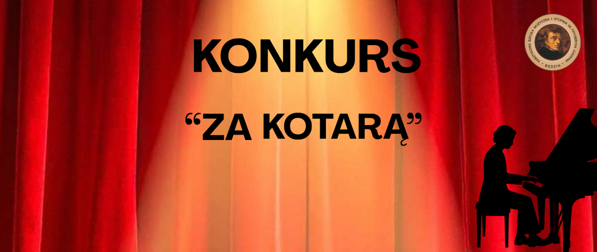 baner na czerwono-pomarańczowym tle, po prawej czarna ikona pianisty przy fortepianie i logo szkoły