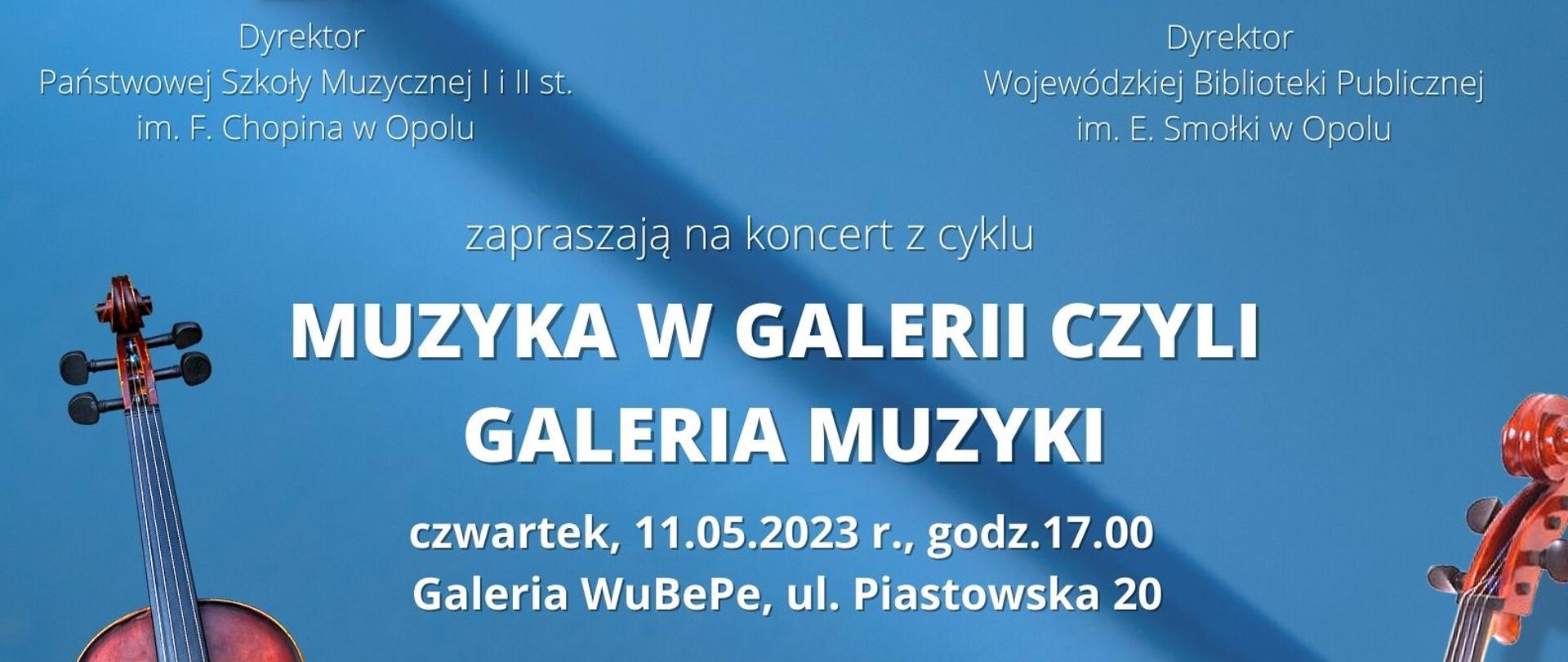 Niebieski plakat przedstawiający grafikę skrzypiec po lewej stronie oraz wiolonczeli umieszczonej po prawej stronie, w górnej części zamieszczono logotypy Szkoły oraz Wojewódzkiej Biblioteki Publicznej, w centralnej części umieszczono informację o wykonawcach, dacie, godzinie oraz miejscu koncertu, w dolnej części znajdują się logotypy patronów medialnych: Radio Opole, Radio DOXA, Nowej Trybuny Opolskiej, portalu informacyjnego opowiecie.info oraz ecovision.tv, 