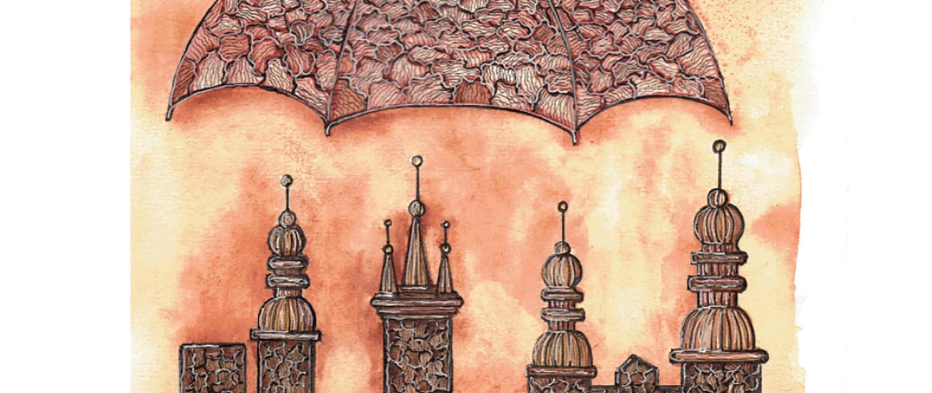 Okładka IV numeru półrocznika Ochrona Ludności i Dziedzictwa Kulturowego - obraz przedstawiający zabytkową zabudowę miasta znajdującego się pod kopułą parasola 