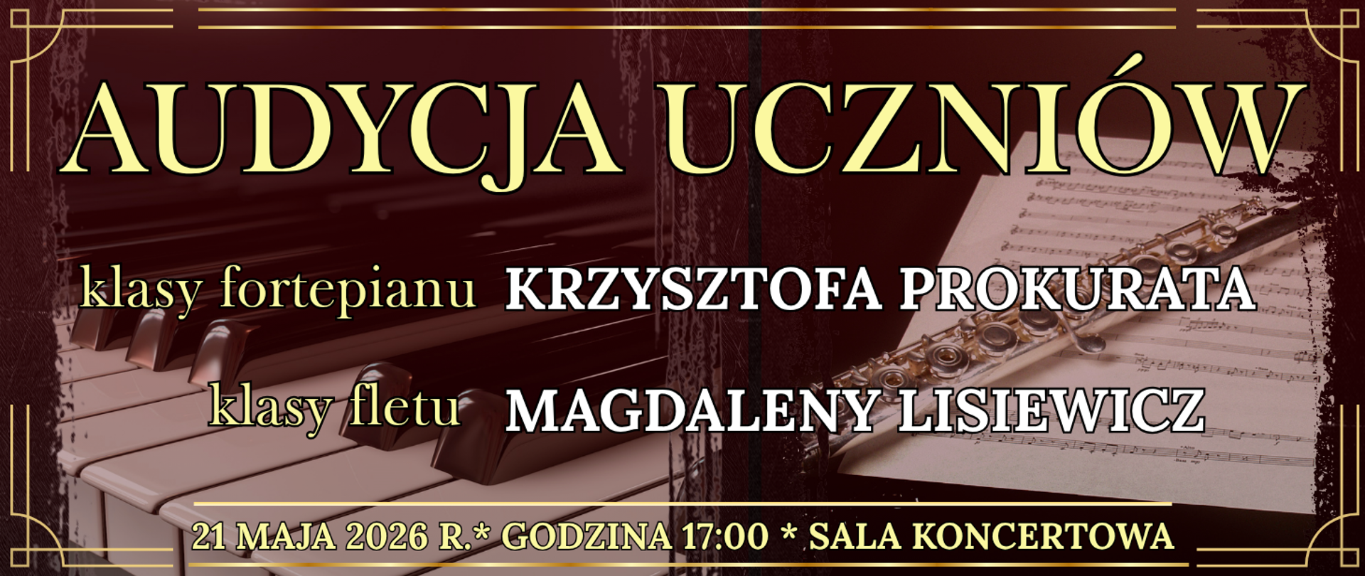 baner połowa lewa z klawiaturą fortepianu prawa z fletem leżącym na nutach oraz informacja o wydarzeniu