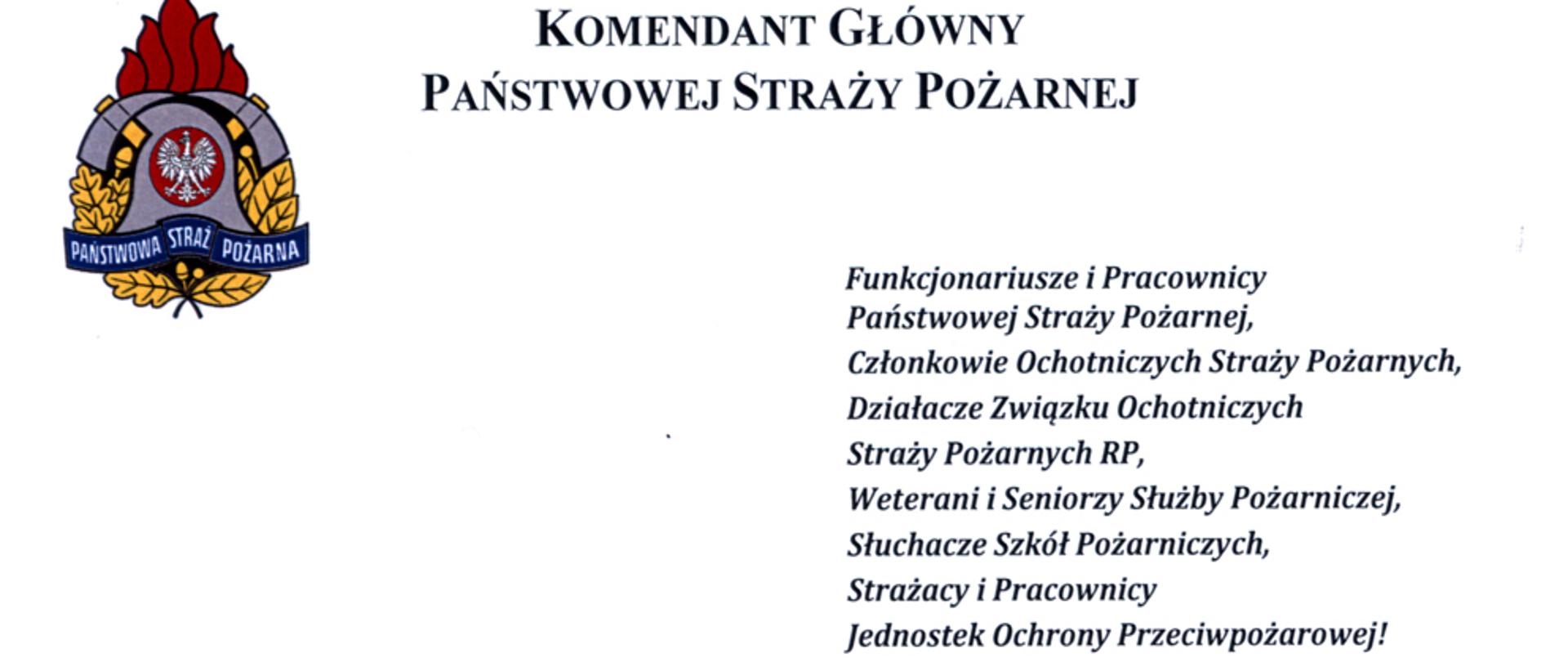 Życzenia komendanta głównego PSP z okazji Dnia Strażaka napisane czarnym drukiem na białym tle.