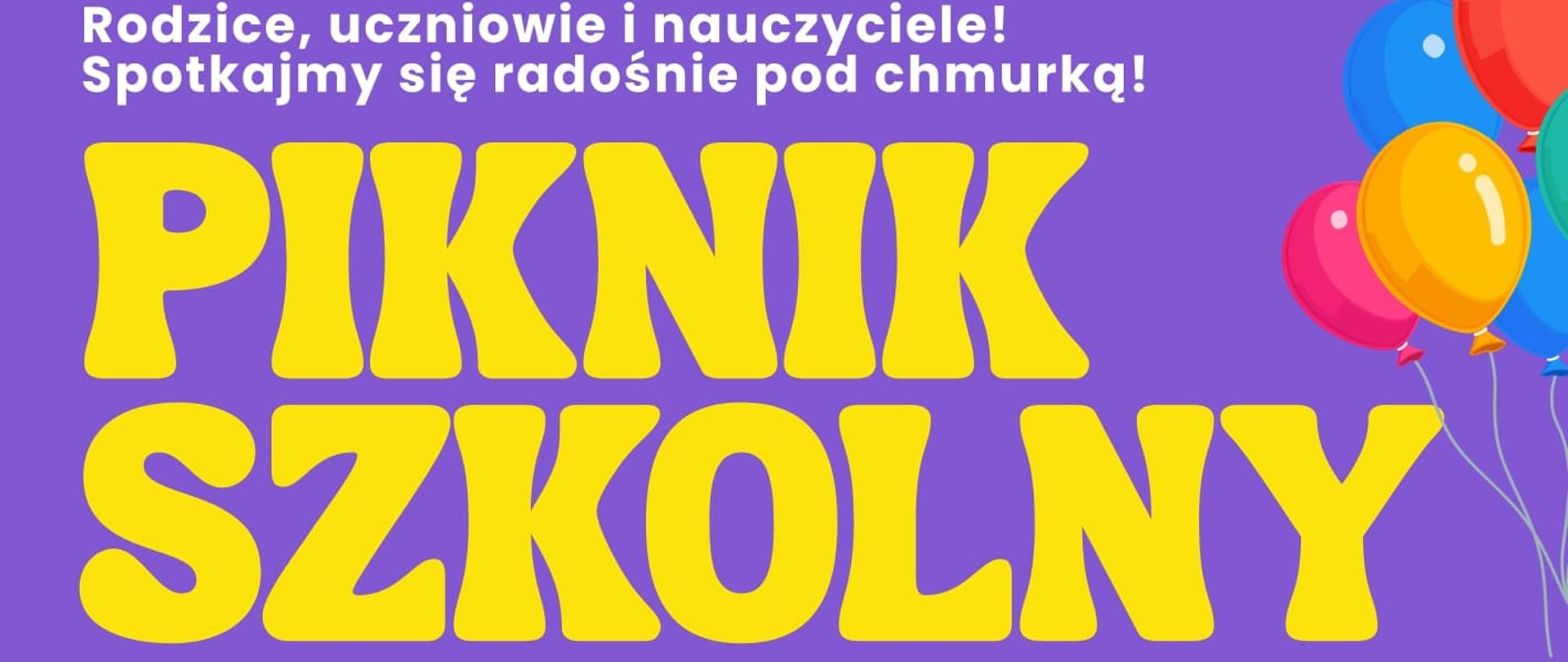 Plakat przedstawiający gry i zabawy dla uczniów i nauczycieli oraz rodziców, fioletowe tło 