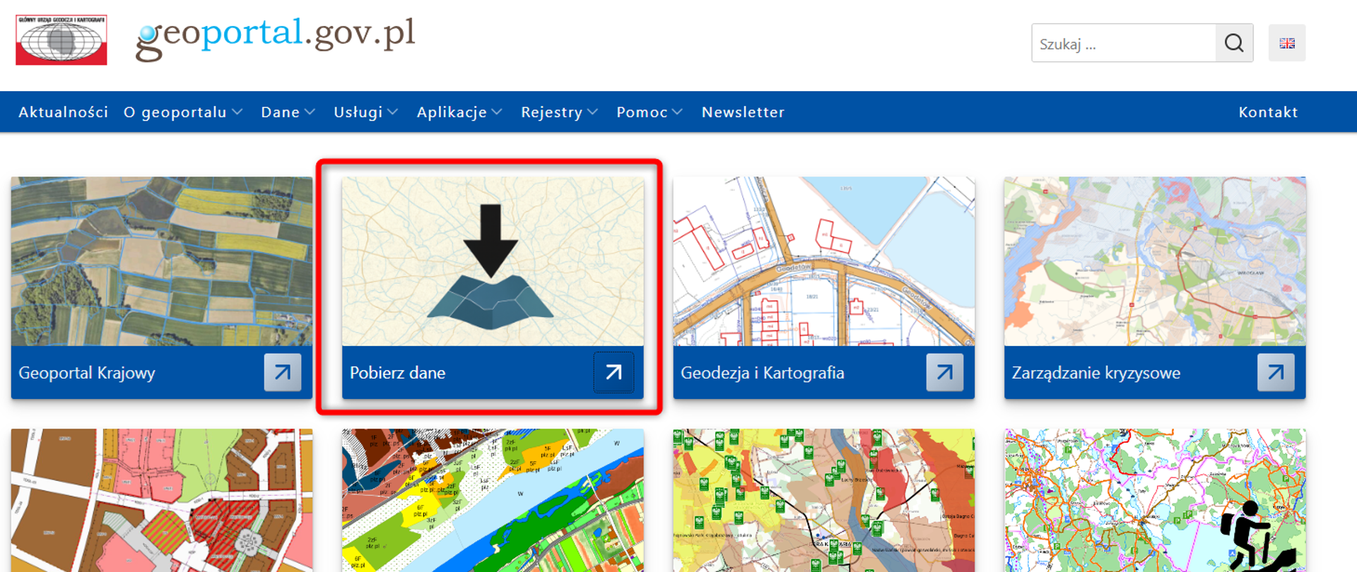 Zrzut z serwisu www.geoportal.gov.pl z oznaczonym modułem "Pobierz dane"