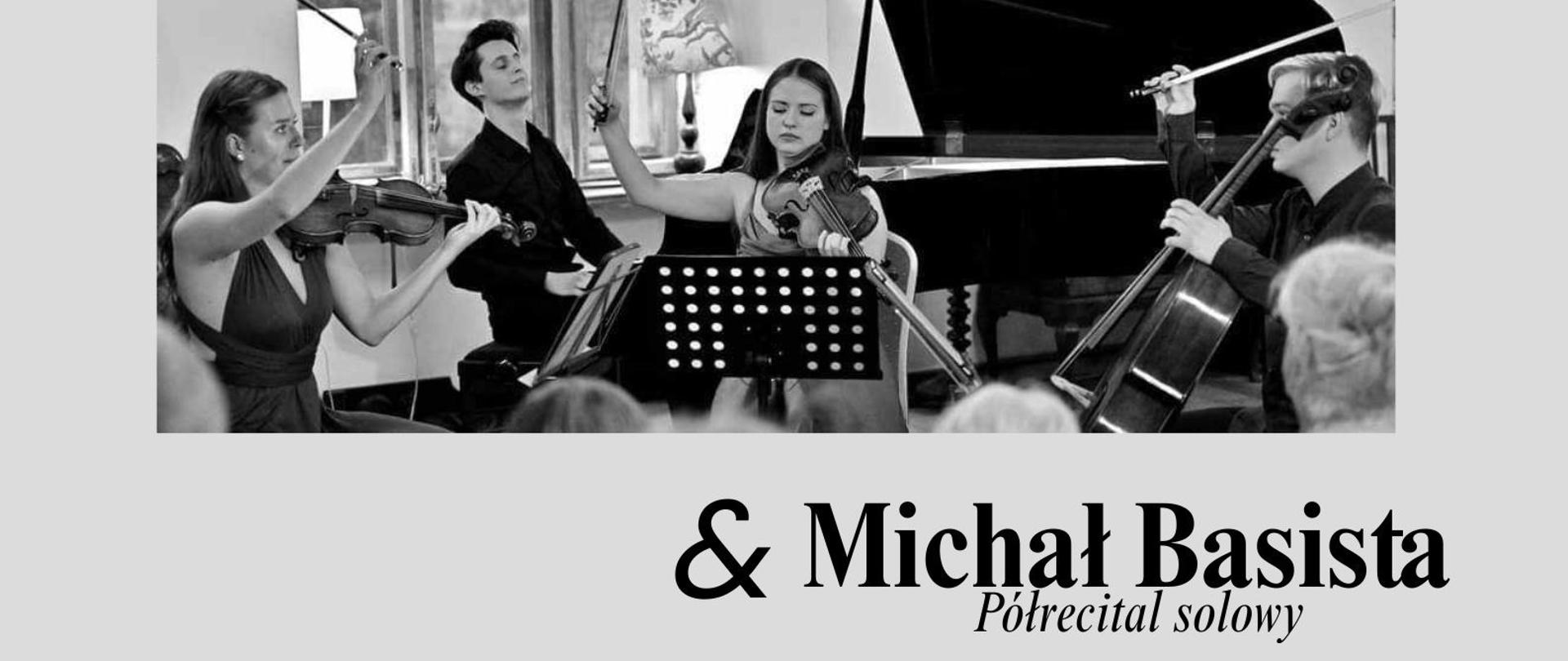 Afisz na koncert, 28.04.2025 godz. 17.00 sala koncertowa. Na szarym tle napis informacyjny i zdjęcie wykonawców.