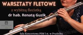 Baner z informacją o warsztatach fletowych. Po prawej stronie od napisu kobieta trzyma w rękach flet poprzeczny.