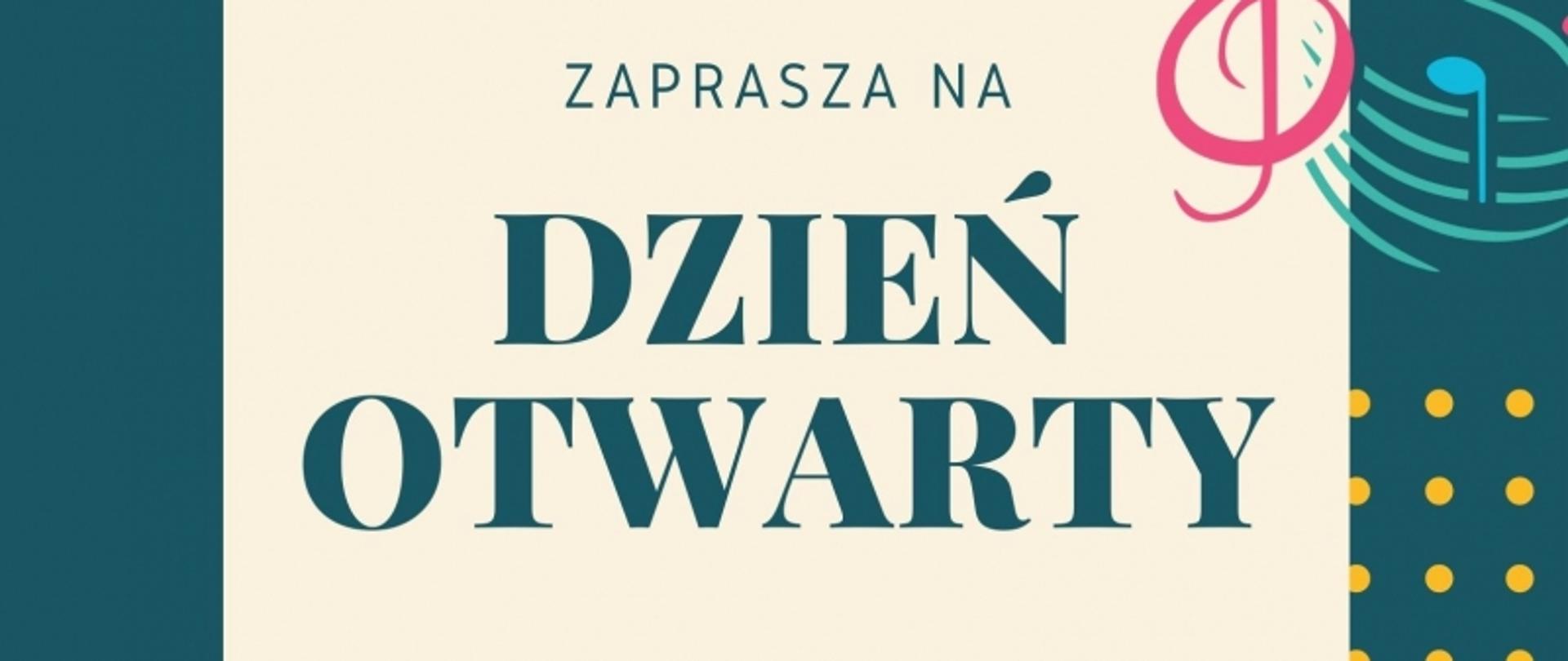 Baner zapraszający na dzień otwarty szkoły. Na kolorowym tle widnieje nazwa Ogólnokształcącej Szkoły Muzycznej I i II stopnia we Wrocławiu oraz kolorowa data wydarzenia czyli 14 maja 2022 roku 