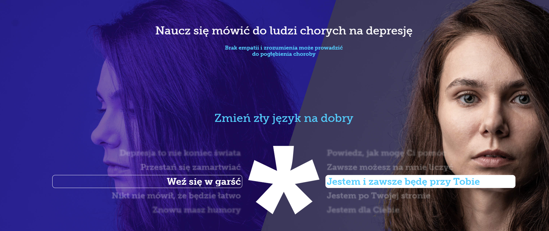 Grafika przedstawia osobę z depresją i jej reakcję na język, którym się do niej zwracają ludzi z jej otoczenia.