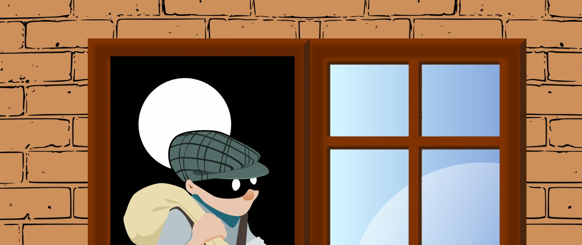 Grafika przedstawia rabusia wychodzącego z łupem przez okno domu.
