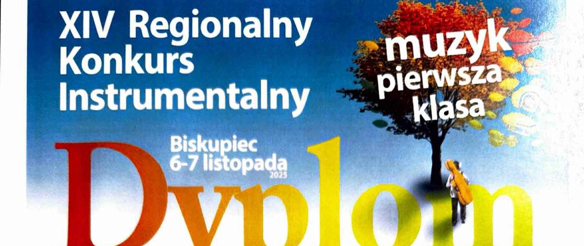 Skan dyplomu z kolorowym nagłówkiem „XIV Regionalny Konkurs Instrumentalny – muzyk pierwsza klasa, Biskupiec 6–7 listopada 2025”; poniżej tekst „za zdobycie wyróżnienia w I grupie wiekowej otrzymuje Anna Maria Kuczewska” wraz z trzema podpisami jurorów i logotypami organizatora oraz patrona 