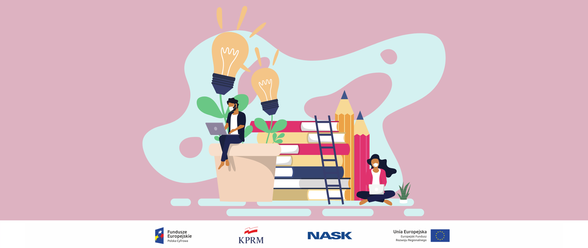 Grafika wektorowa na jasnoróżowym tle. Książki, ołówki, doniczka z rośliną, a obok nich kobieta (z prawej strony) i mężczyzna (z lewej) korzystający z laptopów.