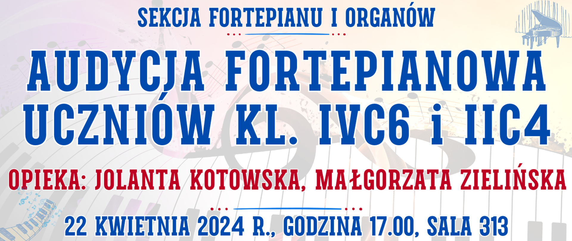 kolorowe tło z muzycznymi elementami typu clipart oraz informacja o wydarzeniu