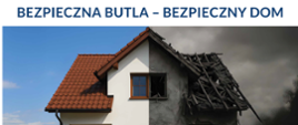 W centralnej części widać dom podzielony na pół. Lewa strona jest zadbana, jasna, z czerwonym dachem i niebieskim niebem w tle. Prawa storna przedstawia ten sam dom w ruinie, z zawalonym dachem, szarymi popękanymi ścianami i ciernym burzowym niebem. Na dole widnieje napis: "Płacisz - wymagaj! To Twoje bezpieczeństwo" oraz informacje, gdzie można znaleźć szczegóły o bezpiecznym użytkowniku butli LPG.W lewym dolnym rogu logo TDT i adres strony www.tdt. gov.pl a obok kod QR.