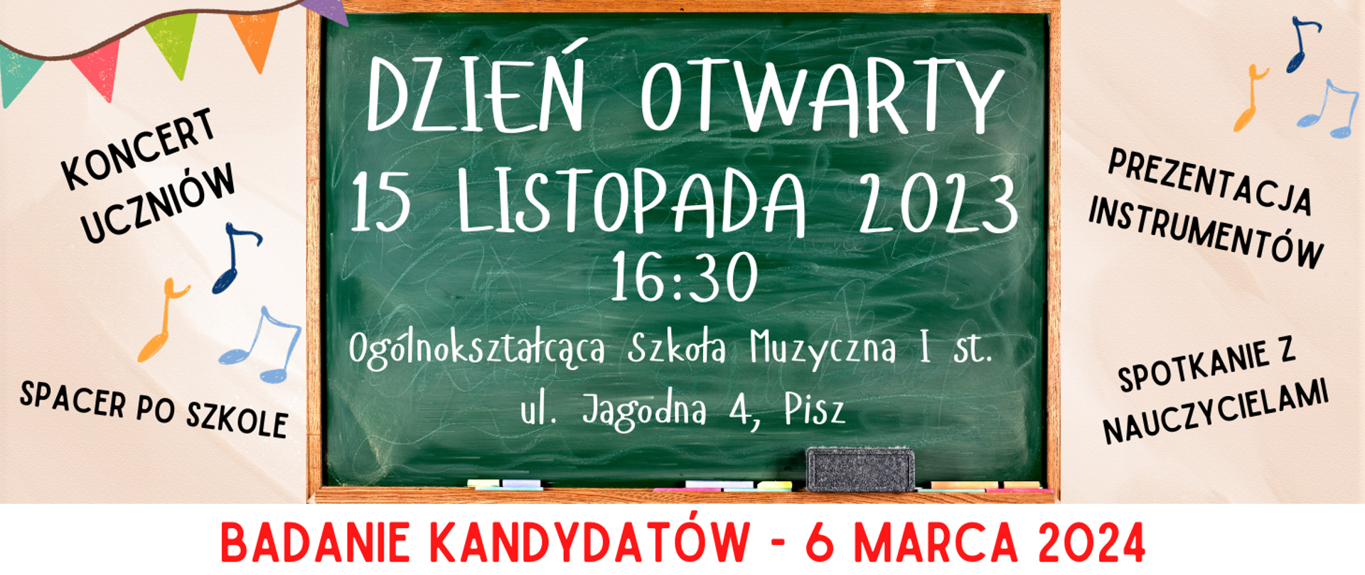 Na kolorowym tle z tablicą szkolną informacja o dniu otwartym 15.11.2023r. godz. 16.30
