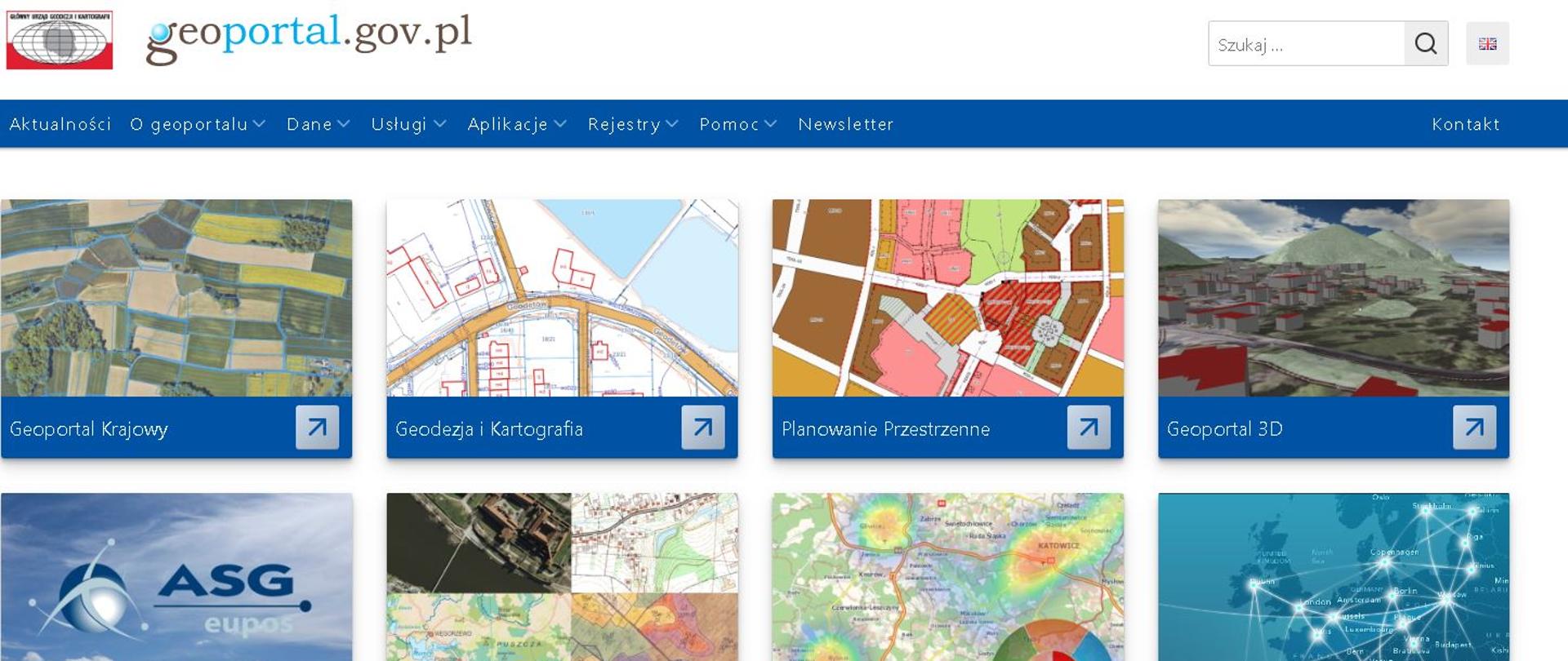 Ilustracja przedstawia stronę główną Geoportalu z nową kompozycją "Geodezja i Kartografia"