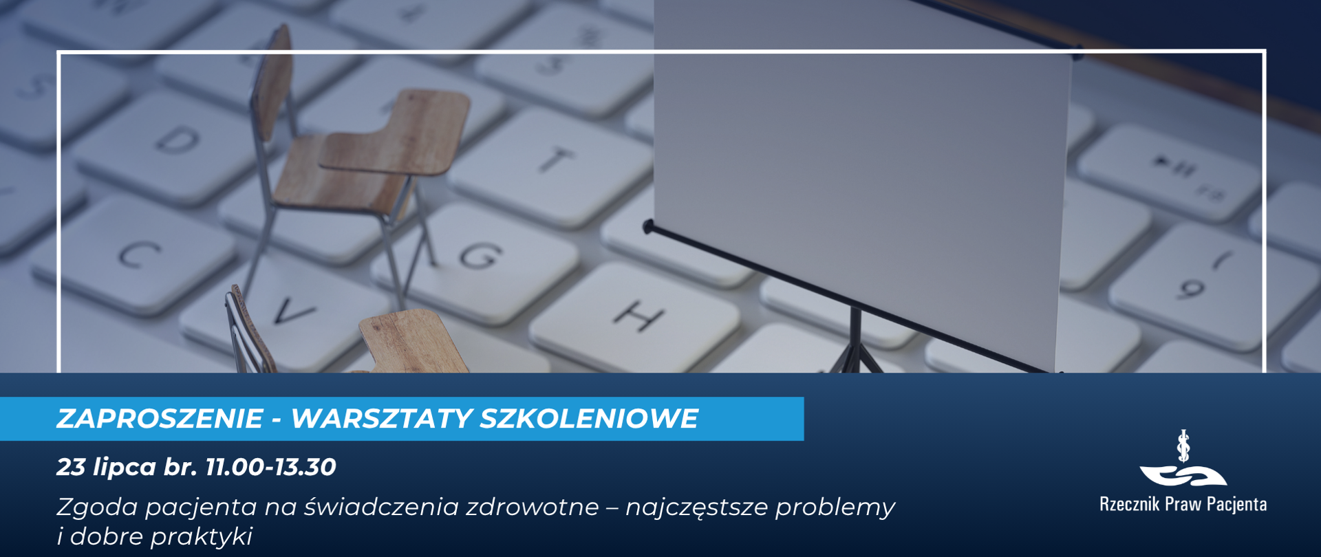 Miniatura klawiatury na której jest flipczart oraz krzesło z podstawką