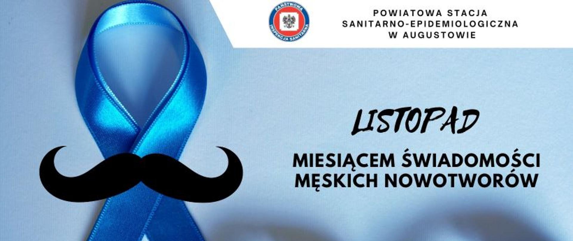 Niebieska wstążeczka z doklejonymi wąsami jako symbol świadomości męskich nowotworów.