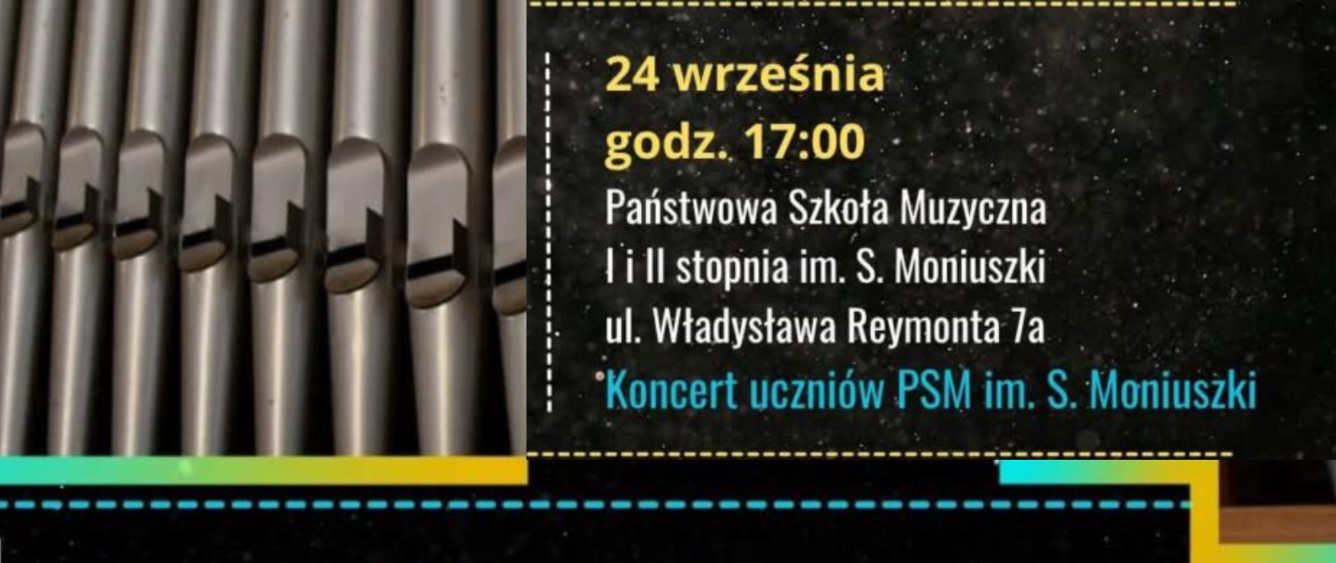 Grafika promująca 31. Międzynarodowy Zabrzański Festiwal Organowy im. ks. Antoniego Chlondowskiego. W tle widoczne są piszczałki organowe, a całość utrzymana jest w czarno-żółto-turkusowej kolorystyce.