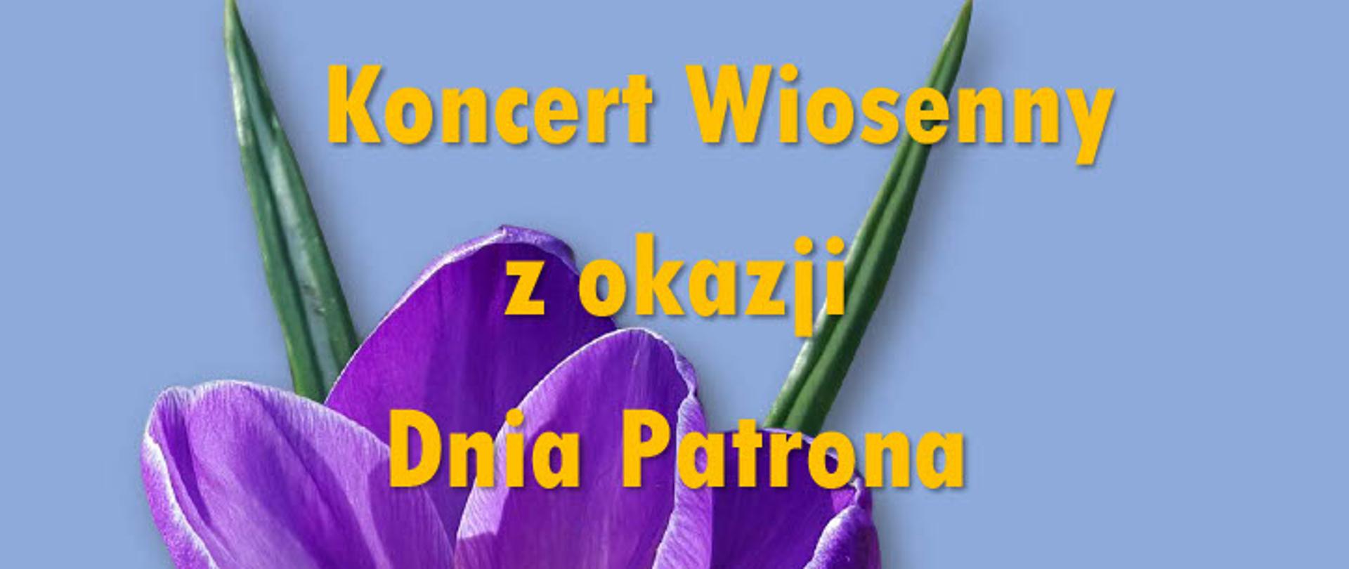 Plakat przedstawiający grafikę fioletowego kwiatka na niebieskim tle, na nim pomarańczowy napis: "Koncert Wiosenny z okazji Dnia Patrona; 23 marca 2023 roku, godzina 16:30, Sala widowiskowa Nowotomyskiego Ośrodka Kultury"; w dolnym prawym rogu logo Państwowej Szkoły Muzycznej.