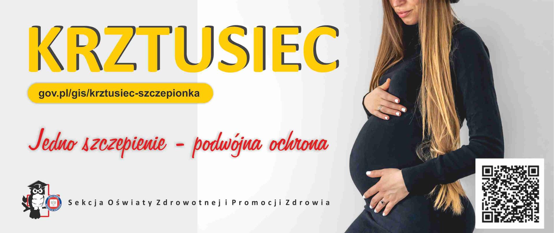 Kobieta w ciąży na grafice z napisem Krztusiec