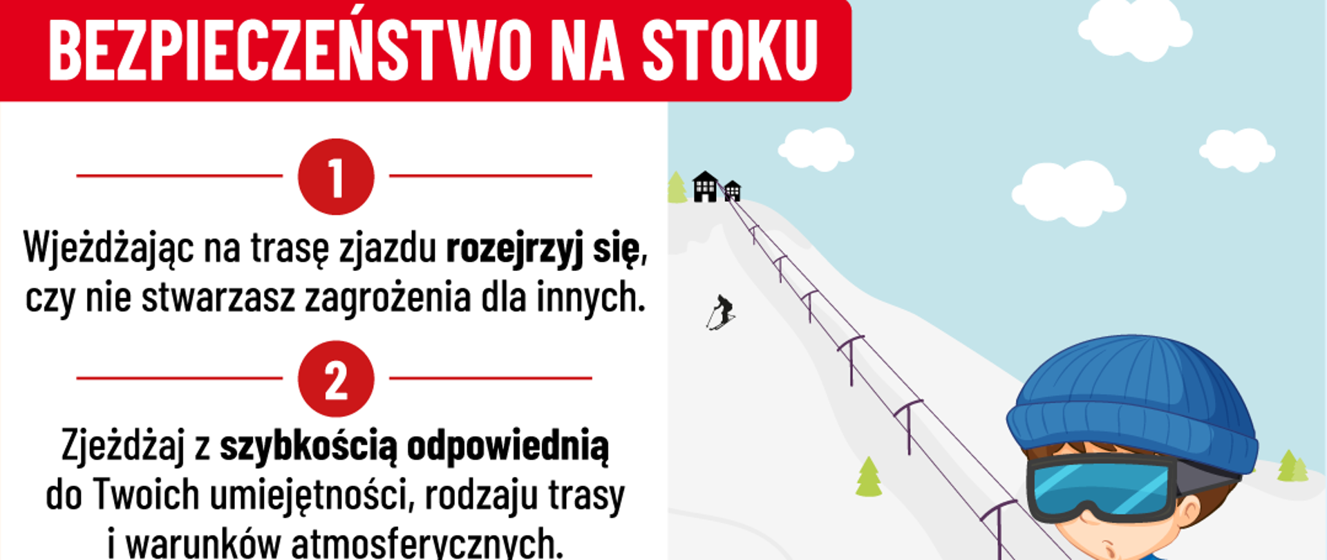 Grafika przedstawiająca bezpieczne zachowanie podczas ferii zimowych. Na dole logotyp Państwowej Straży Pożarnej w kolorze.
