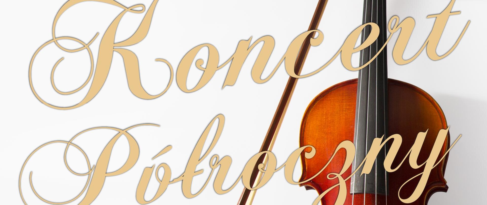 Plakat w jasnej, minimalistycznej kolorystyce, z białym tłem. W lewym górnym rogu znajduje się prostokątne logo Państwowej Szkoły Muzycznej I stopnia im. Zygmunta Noskowskiego w Krzeszowicach w kolorach granatowym, żółtym, czerwonym i białym, z symbolem nuty. Poniżej, po lewej stronie, czarny tekst: „Państwowa Szkoła Muzyczna I st. im. Z. Noskowskiego w Krzeszowicach zaprasza na”.
Centralną część plakatu zajmuje duży, ozdobny napis w kolorze złotym, pisany kaligraficzną czcionką: „Koncert Półroczny”. Po prawej stronie plakatu znajduje się realistyczne zdjęcie skrzypiec w ciepłym, brązowo-miodowym kolorze drewna, ustawionych pionowo. Obok skrzypiec, po lewej stronie instrumentu, oparty jest smyczek w odcieniach brązu i czerni. Instrumenty wyraźnie kontrastują z białym tłem.
W dolnej lewej części plakatu, czarnym tekstem zapisano:
„wystąpią: soliści,
orkiestra smyczkowa
i dęta, chór PSM”.
Poniżej znajduje się informacja o terminie i miejscu wydarzenia, również w czarnym kolorze:
„21 stycznia – 18:00
Aula PSM
Krzeszowice”.
Całość plakatu utrzymana jest w eleganckiej, stonowanej estetyce, z dominacją bieli, złota oraz naturalnych, ciepłych brązów instrumentu, co podkreśla klasyczny charakter wydarzenia muzycznego