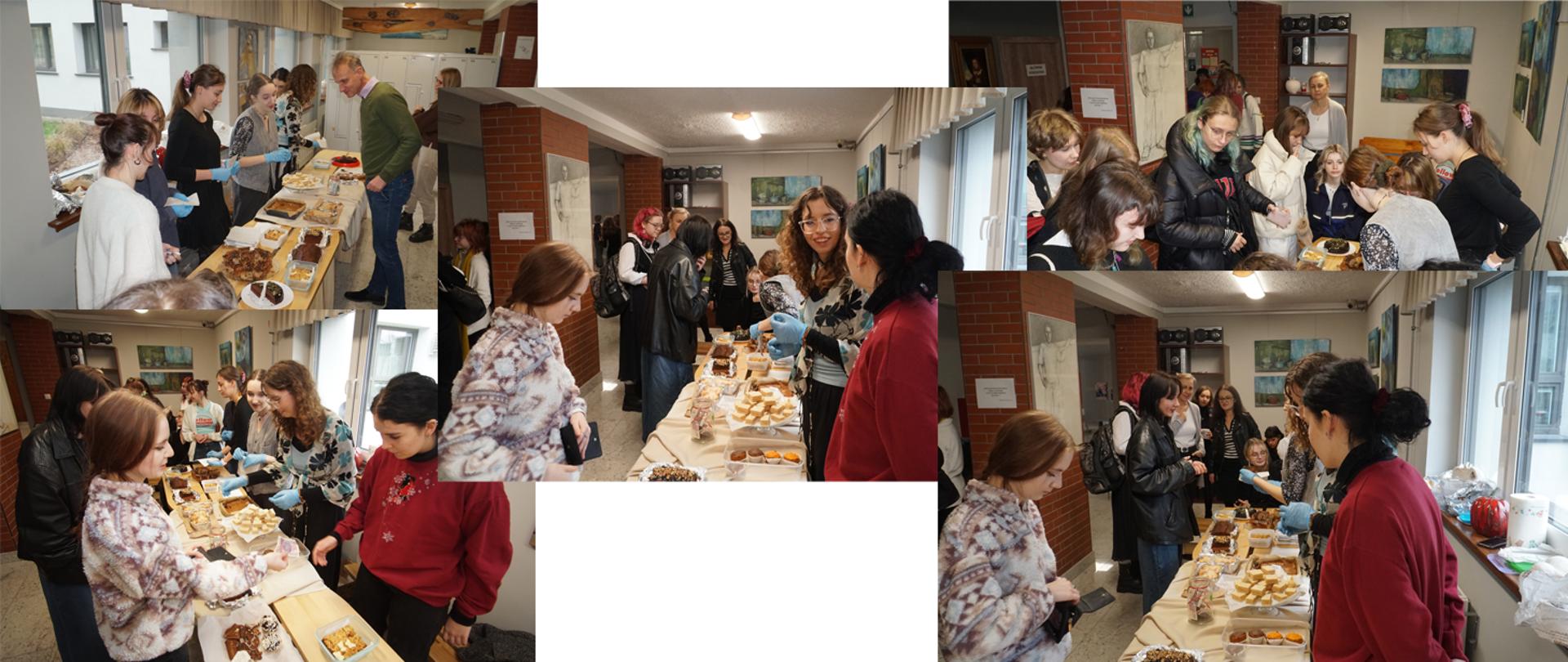 zdjęcie przedstawia uśmiechniętych uczniów i nauczycieli w szkole - kieleckim Plastyku, przy stolikach z ciastem, które jest do sprzedaży, a pieniądze przeznaczone są na cel charytatywny