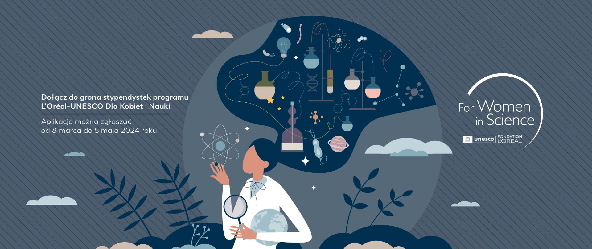 Grafika - na szarym tle sylwetka kobiety i napis Dołącz do grona stypendystek programu L’Oréal-UNESCO Dla Kobiet i Nauki.