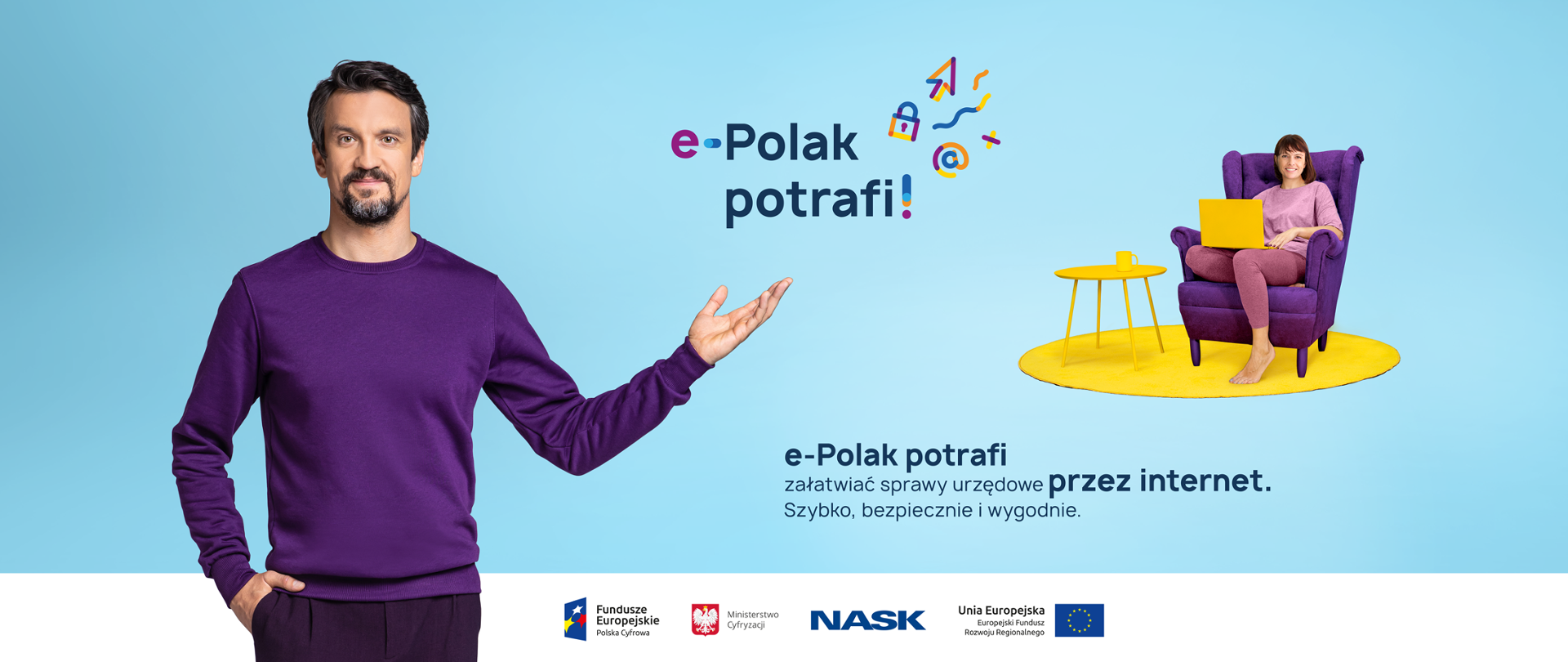Grafika. Mężczyzna pozujący do zdjęcia i kobieta siedząca na kanapie z laptopem. Na górze napis: e-Polak potrafi!