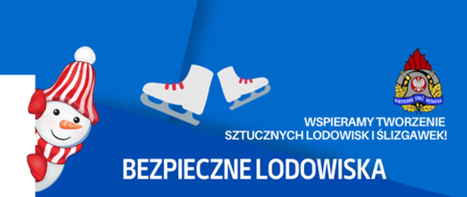 Bezpieczne lodowiska 2023 - logo akcji - niebieskie tło, na nim logo PSP, białe łyżwy z czerwonymi sznurówkami i bałwan z biało-czerwoną czapką i szalikiem oraz czerwonymi rękawicami