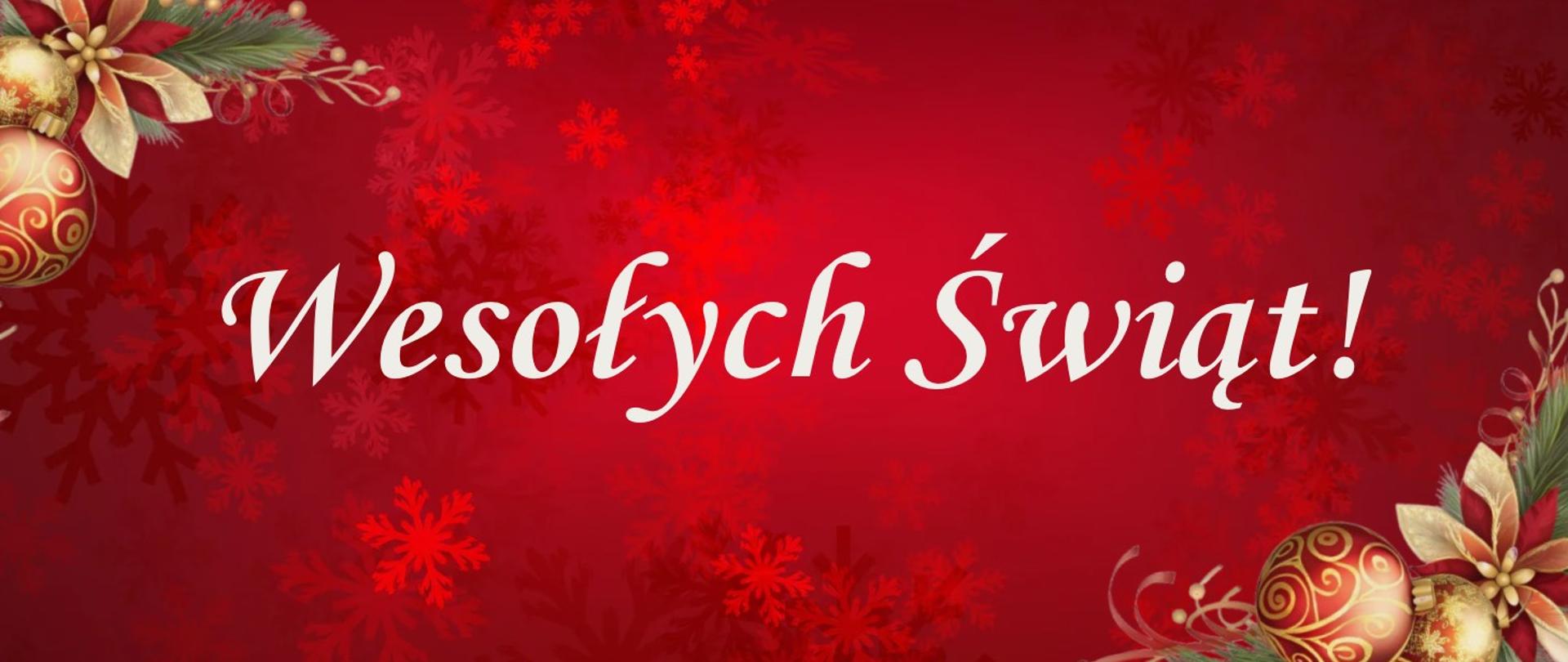 Na czerwonym tle z bladymi płatkami śniegu widnieje napis: Wesołych Świąt/ Życzenia świąteczne. W lewym górnym i prawym dolnym roku umieszczono stroik z bombek i kwiaty gwiazdy betlejemskiej.
