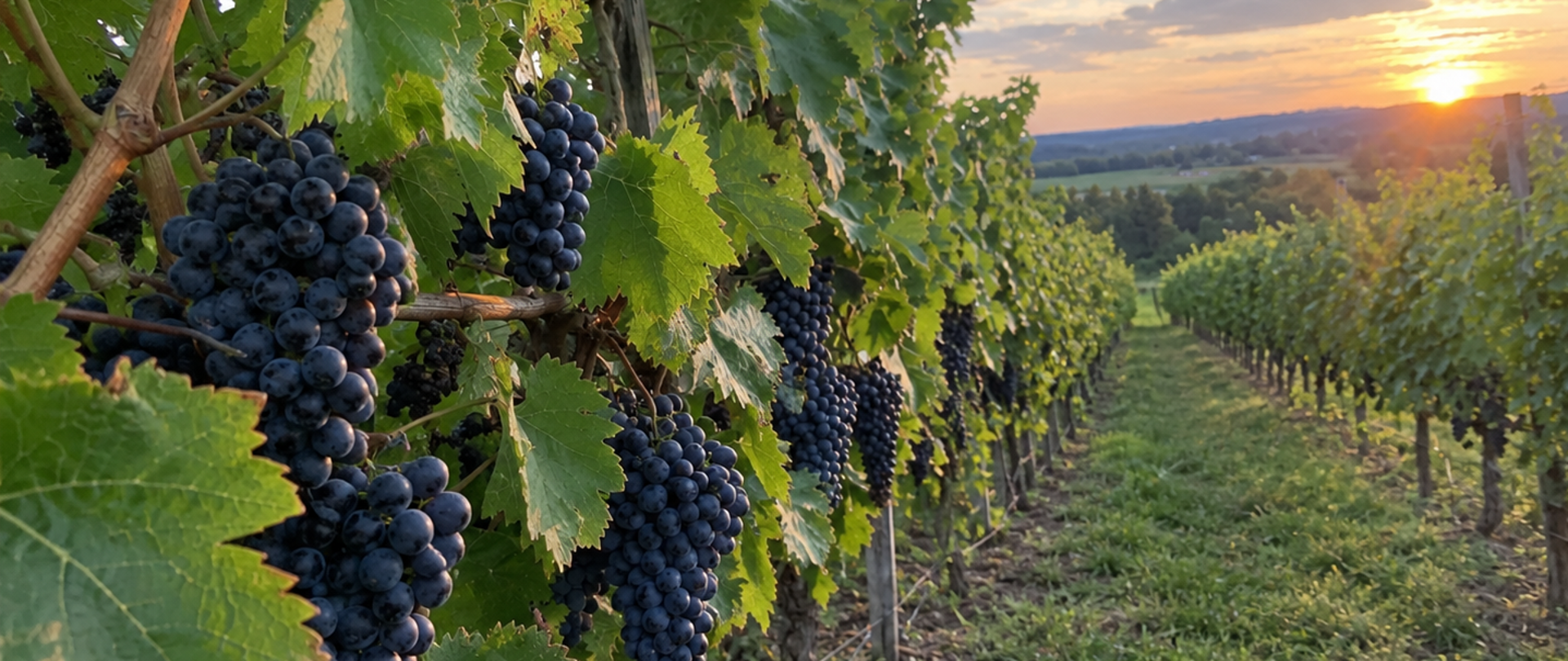 Zdjęcie przedstawia plantację winogron o zachodzie słońca. Po lewej stornie zdjęcia znajdują się czarne winogrona wyrastające z drzew winogronowych.